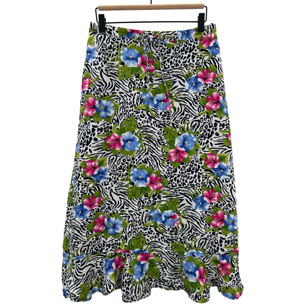 Choices Linen Leopard Zebra Animal Tropical Floral Print Ruffle Hem Midi Skirt M